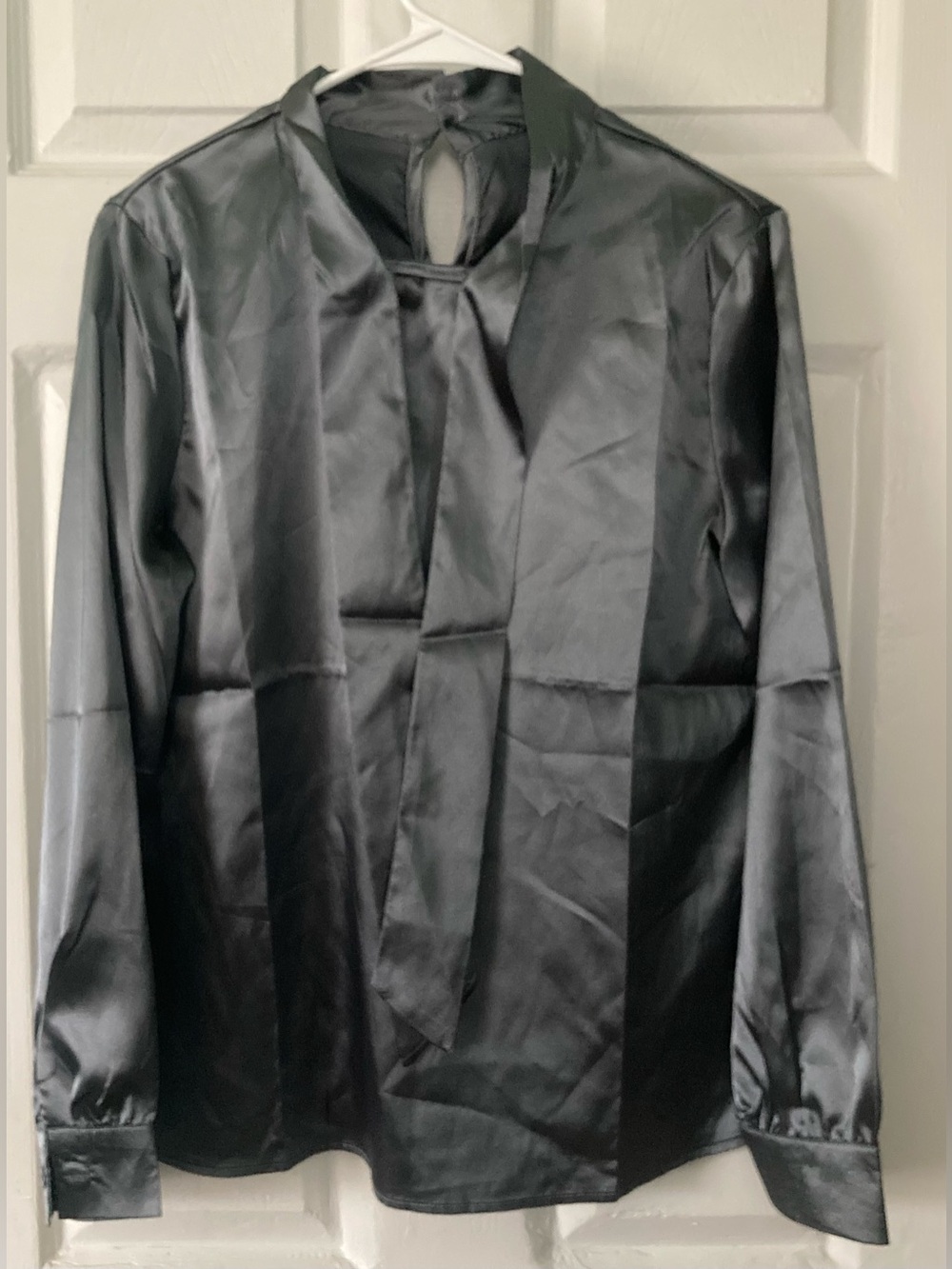 Women's Black Satin Tie-Neck Blouse